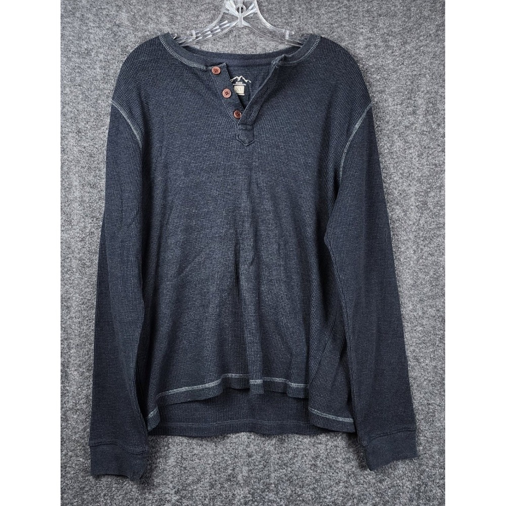 Blue Mountain Henley Shirt Mens XL Charcoal Grey Waffle Knit Thermal Long Sleeve